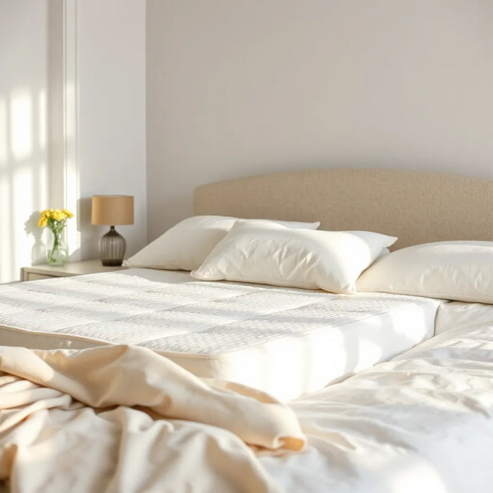 Neatly made bed with a modern mattress in soft neutral bedding under natural morning light
