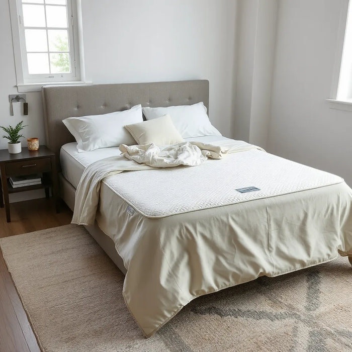 DreamCloud hybrid mattress on a modern bed with neutral bedding in soft natural light