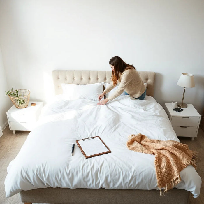 Person reviewing a mattress during a trial period in a clean, modern bedroom
