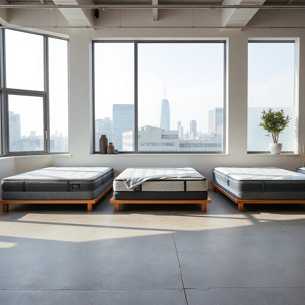 Neatly arranged mattresses in a modern NYC showroom with daylight and a view of the city skyline