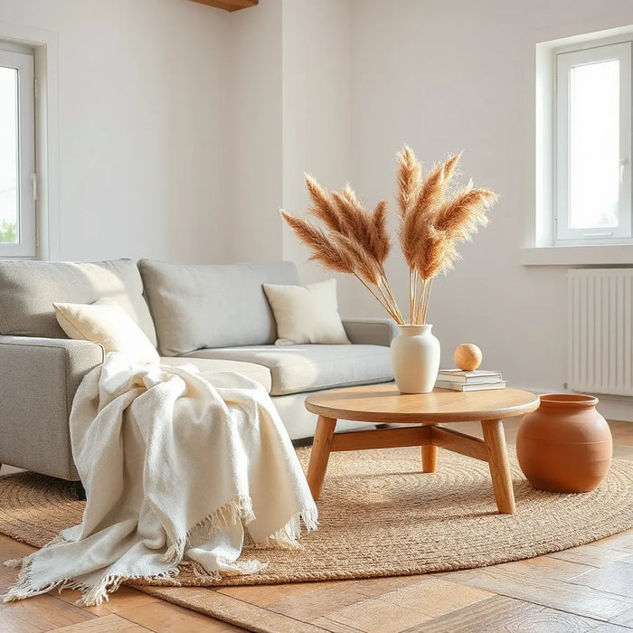 Sunlit living room with natural textiles, reclaimed wood furniture, and a potted plant