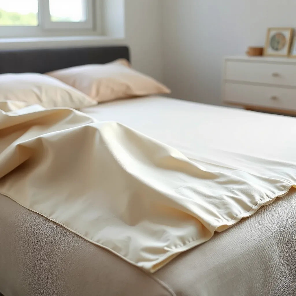 Silky smooth mattress protector laid neatly on a neatly made bed with soft neutral bedding