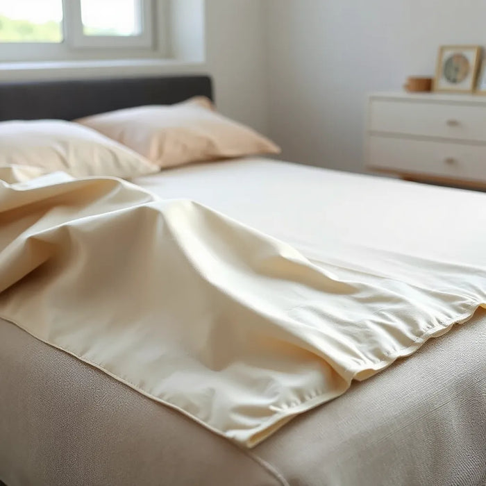 Silky smooth mattress protector laid neatly on a neatly made bed with soft neutral bedding