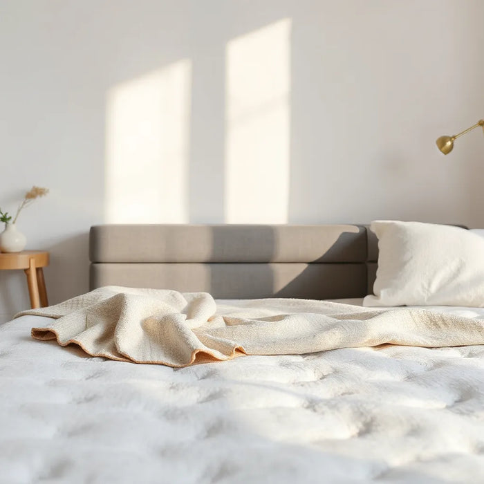 Neatly made modern bed with a premium mattress in soft natural light