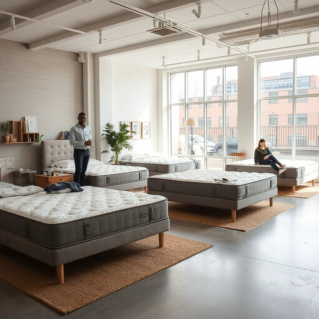 Bright Brooklyn mattress showroom with display beds and a consultant guiding a customer during testing