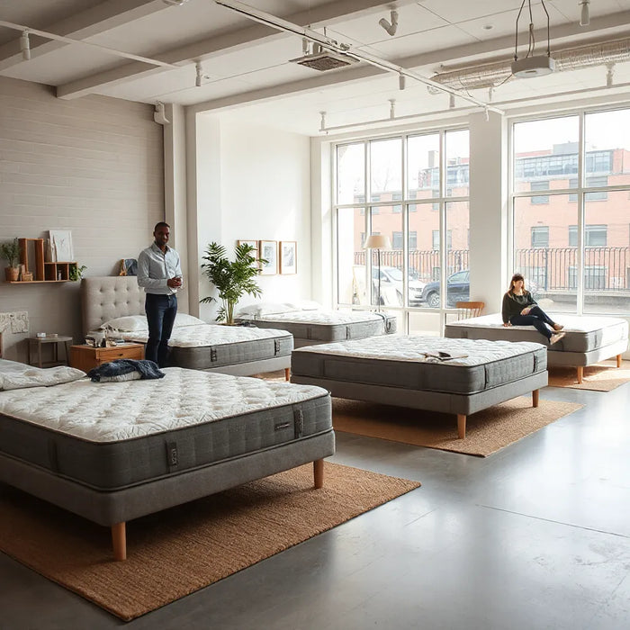 Bright Brooklyn mattress showroom with display beds and a consultant guiding a customer during testing