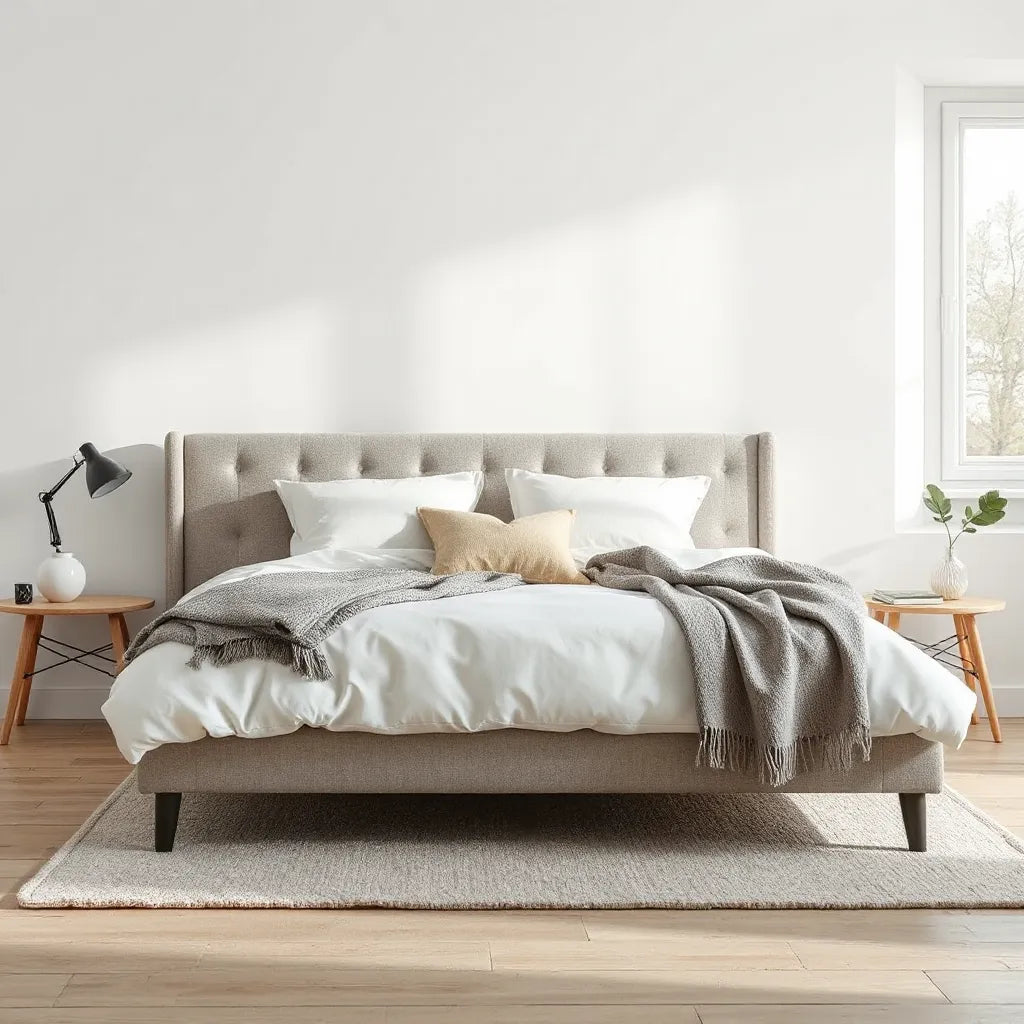 Modern bed frame with neatly layered neutral bedding and soft natural light in a simple bedroom
