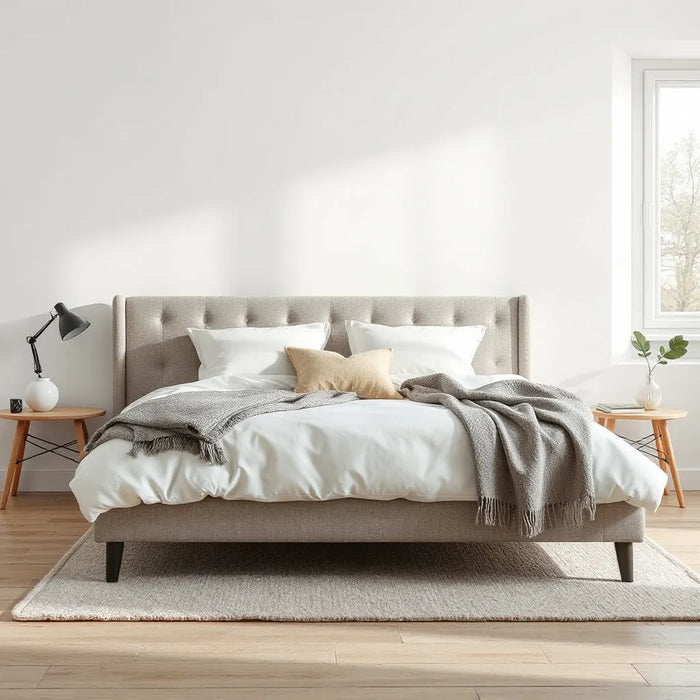 Modern bed frame with neatly layered neutral bedding and soft natural light in a simple bedroom