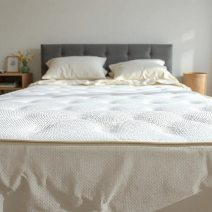 Cooling gel memory foam mattress surface with soft bedding in a bright, modern bedroom