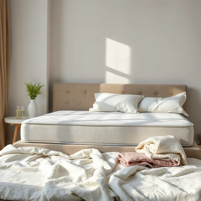 Neatly made bed with a modern mattress designed to help control sleeping temperature.