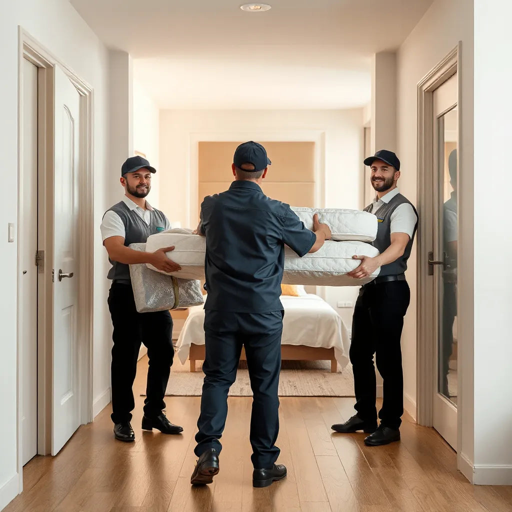 Delivery specialists carrying a wrapped mattress through a bright apartment hallway toward a bedroom