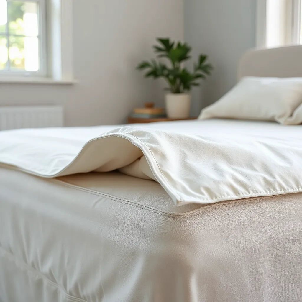 Neatly made bed with a breathable fitted mattress cover and elastic corners in soft natural light