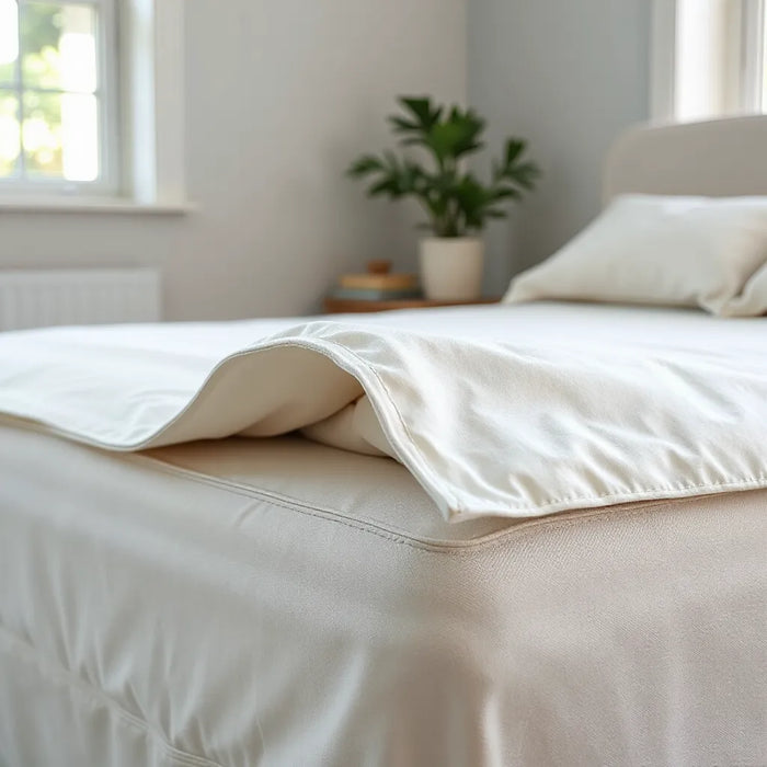 Neatly made bed with a breathable fitted mattress cover and elastic corners in soft natural light