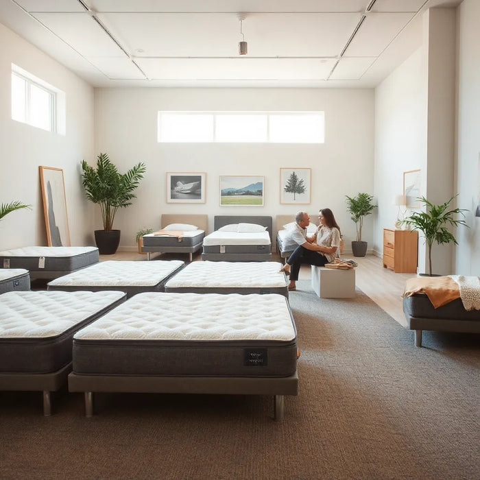 Customer testing a mattress in a modern showroom with a consultant nearby