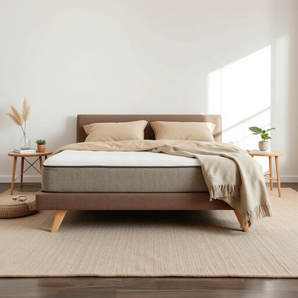 Neatly made bed with natural bedding, soft daylight, and a small potted plant in a calm bedroom
