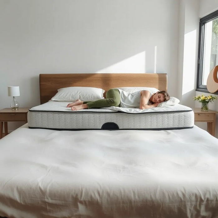 Person testing a durable, supportive mattress with breathable fabric in a bright, tidy bedroom