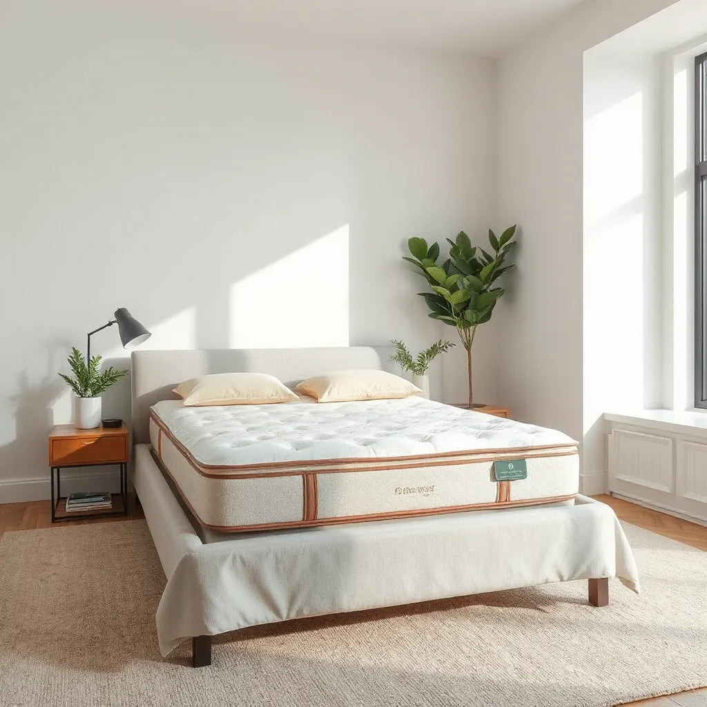 Hybrid mattress on a modern bed with layered comfort and breathable support in a bright, neutral bedroom