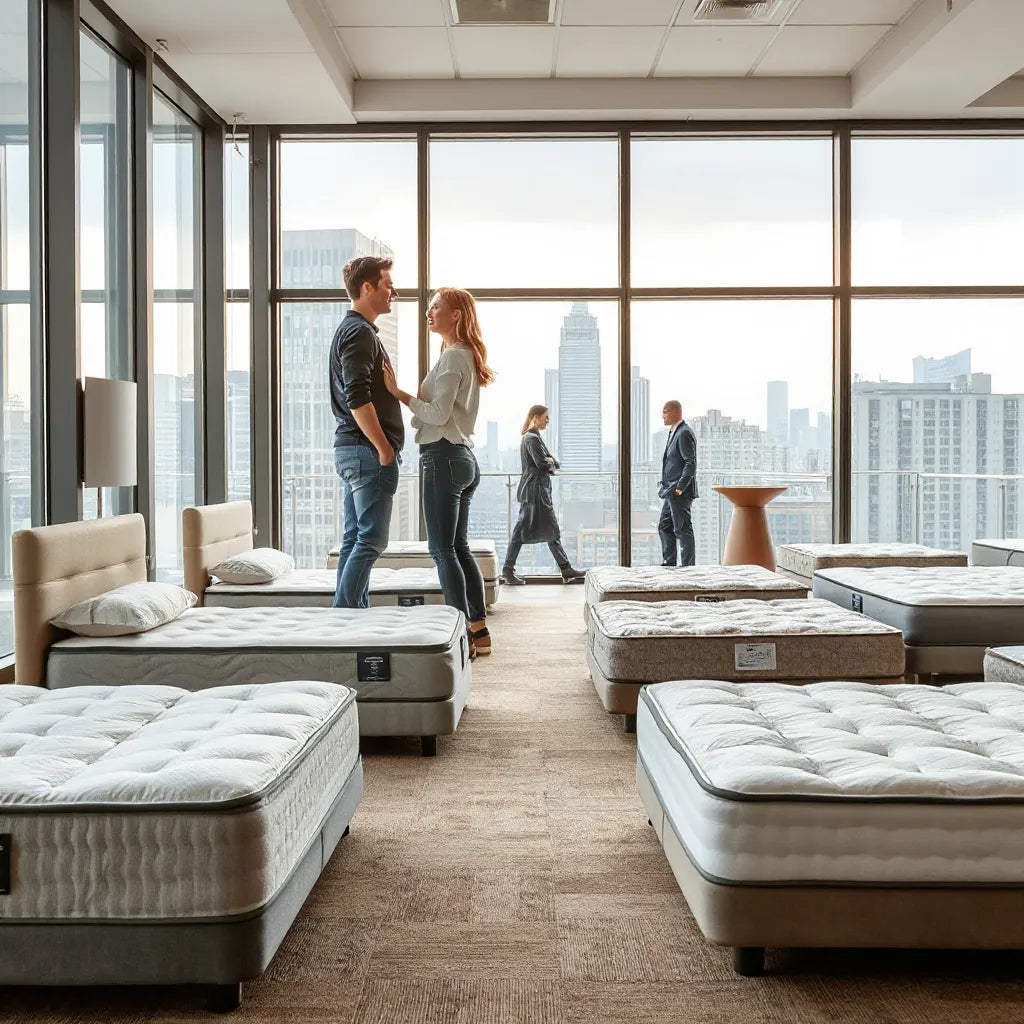Couple comparing mattresses in a modern New York City showroom with large windows and neutral decor