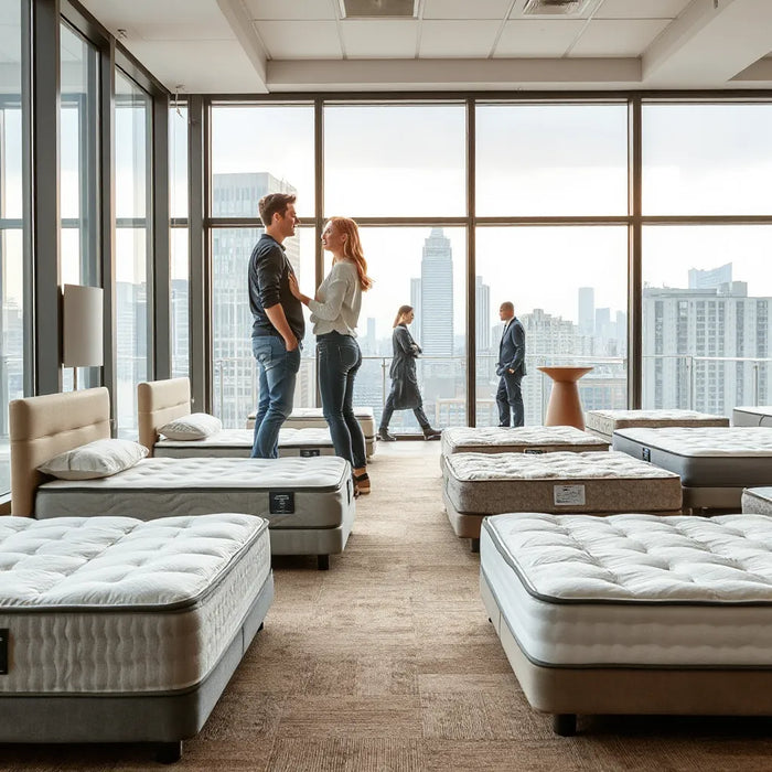Couple comparing mattresses in a modern New York City showroom with large windows and neutral decor