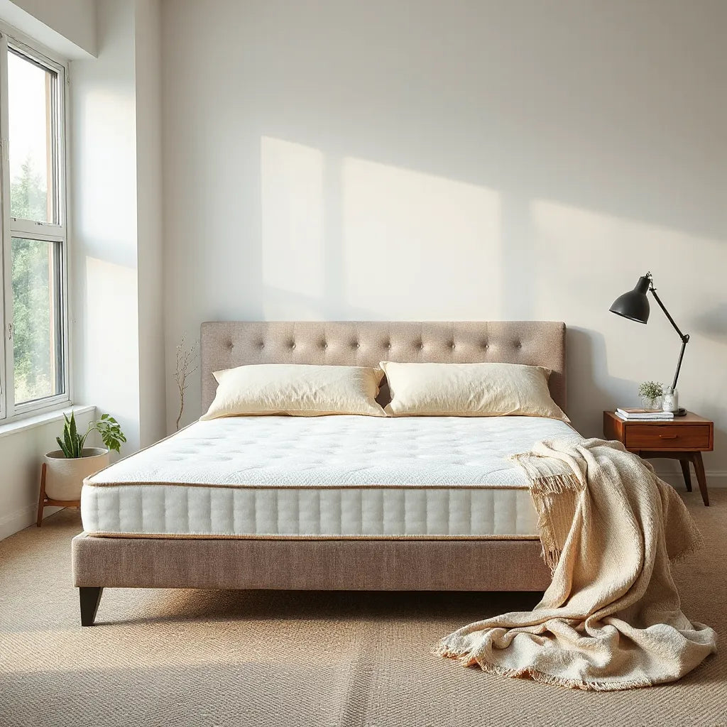 Open mattress cross-section with natural and recycled sustainable layers in soft, neutral bedding