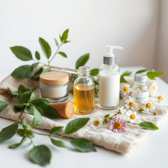 Organic skincare bottles and cream jar with fresh green leaves on a clean, sunlit tabletop