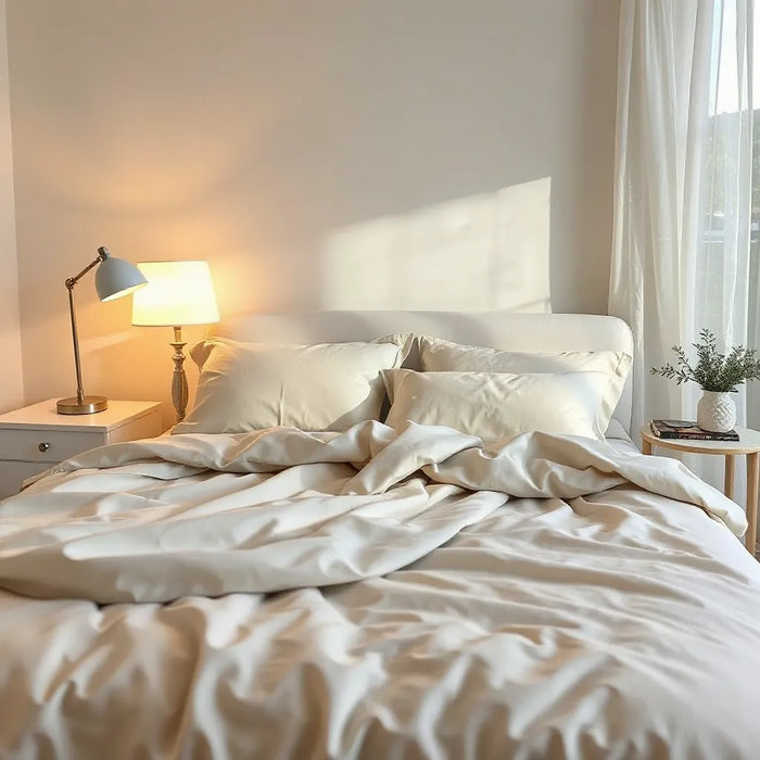 Luxurious made bed with plush pillows and warm bedside lighting in a calm, minimal bedroom
