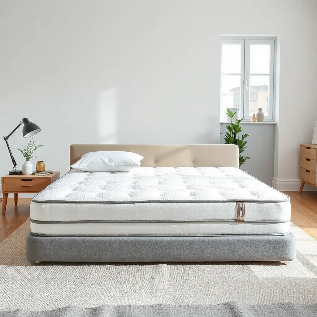 Neatly made bed with layered bedding in soft natural light, emphasizing mattress comfort and support