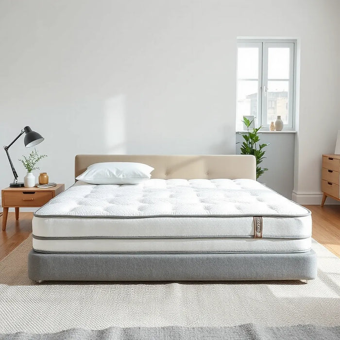 Neatly made bed with layered bedding in soft natural light, emphasizing mattress comfort and support