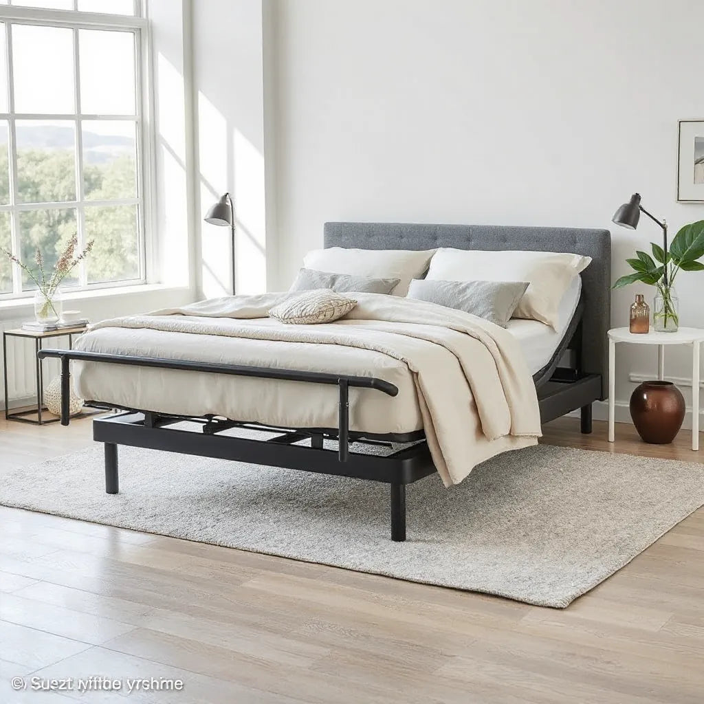 Adjustable bed frame with angled head and foot positions in a modern, neatly made bedroom