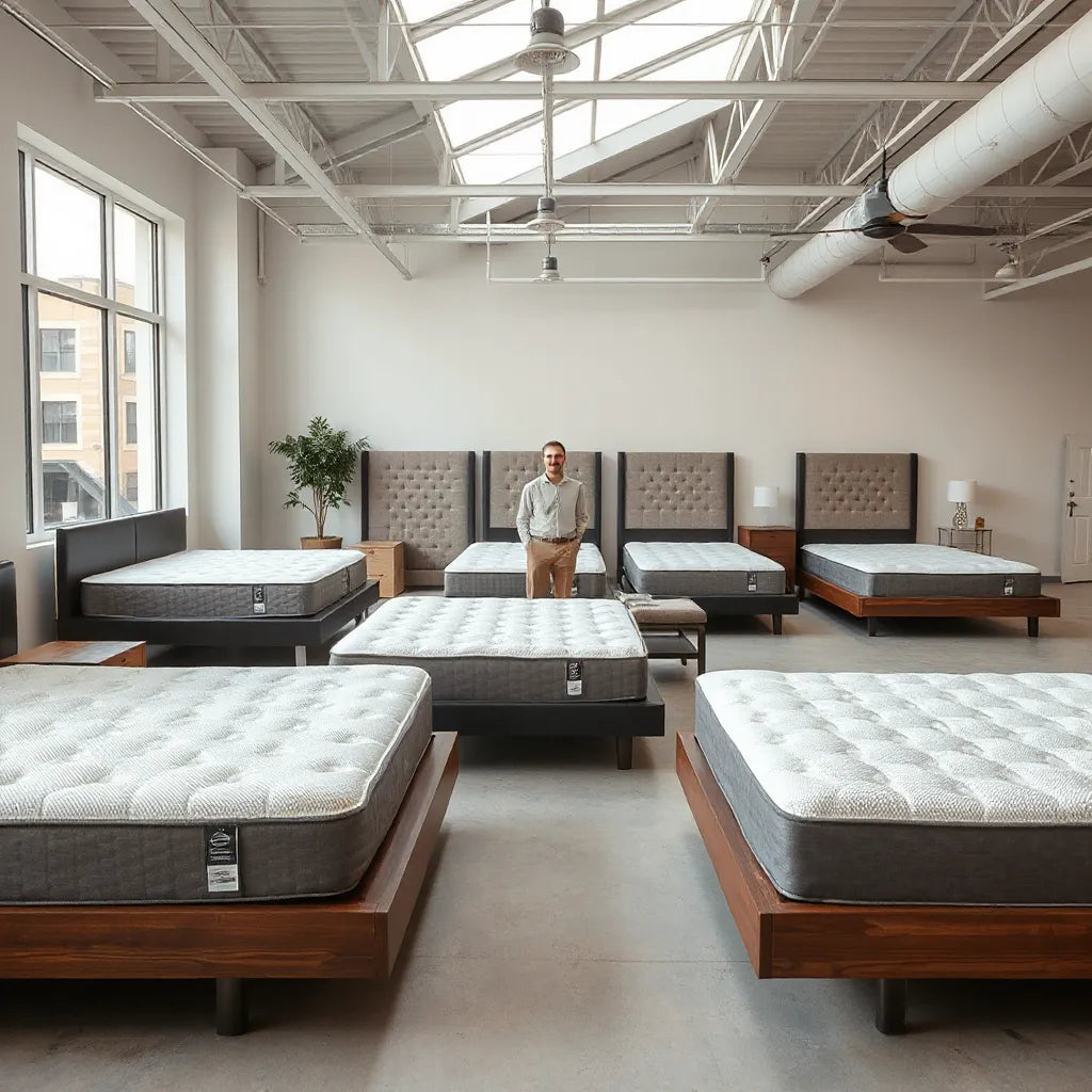 Clean mattress showroom with neatly displayed beds and natural light in Jersey City