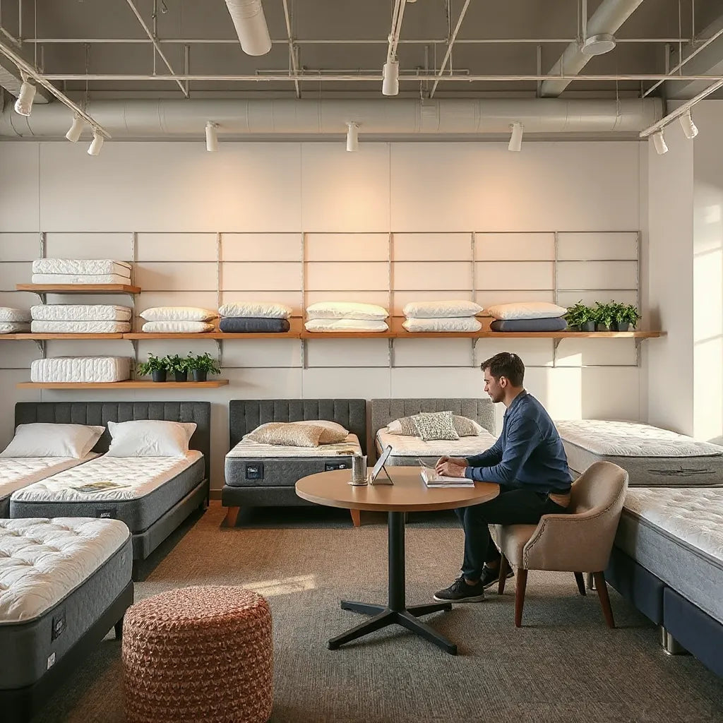 Customer and sleep specialist reviewing neatly arranged mattresses in a modern showroom