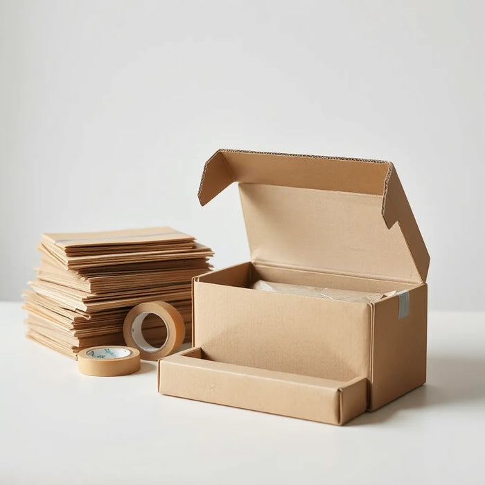 Recyclable cardboard and paper shipping materials arranged neatly for greener delivery