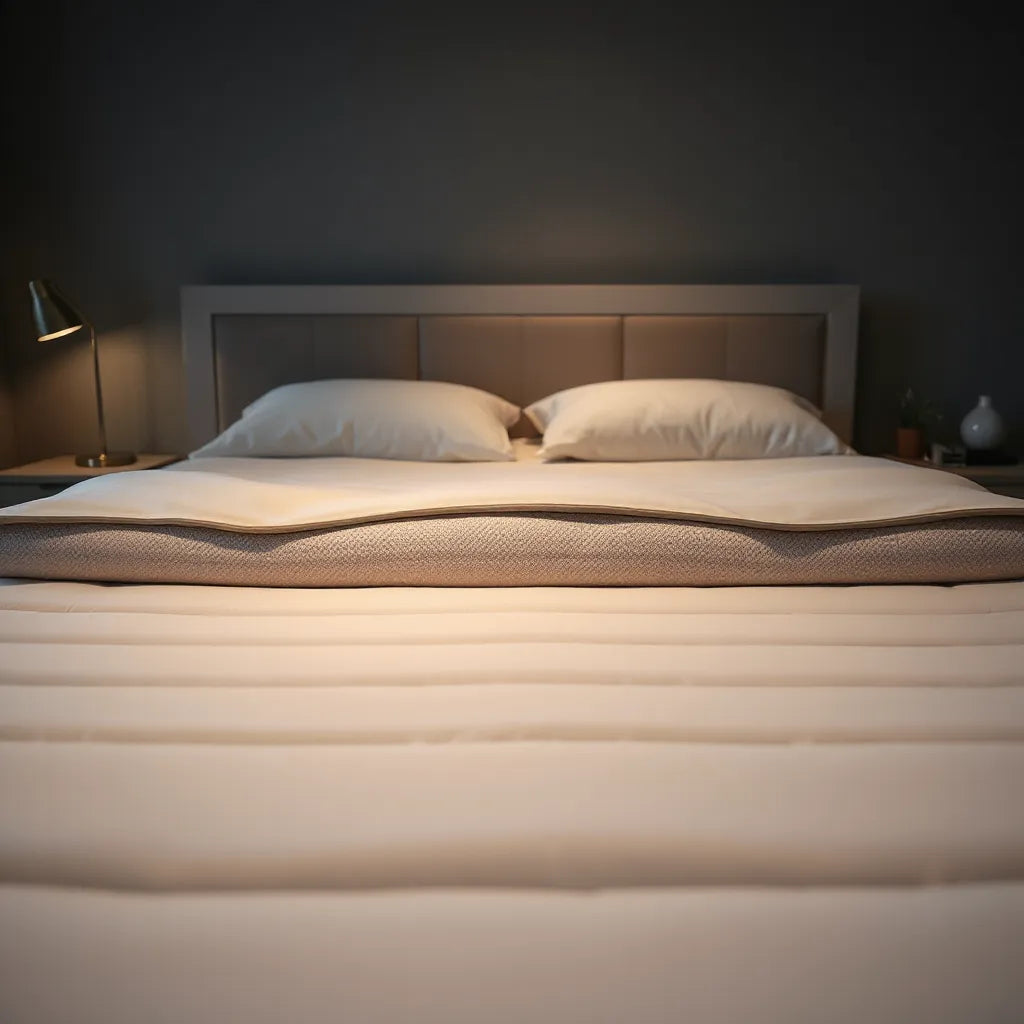 Bed at night showing reduced partner movement transfer across a mattress surface