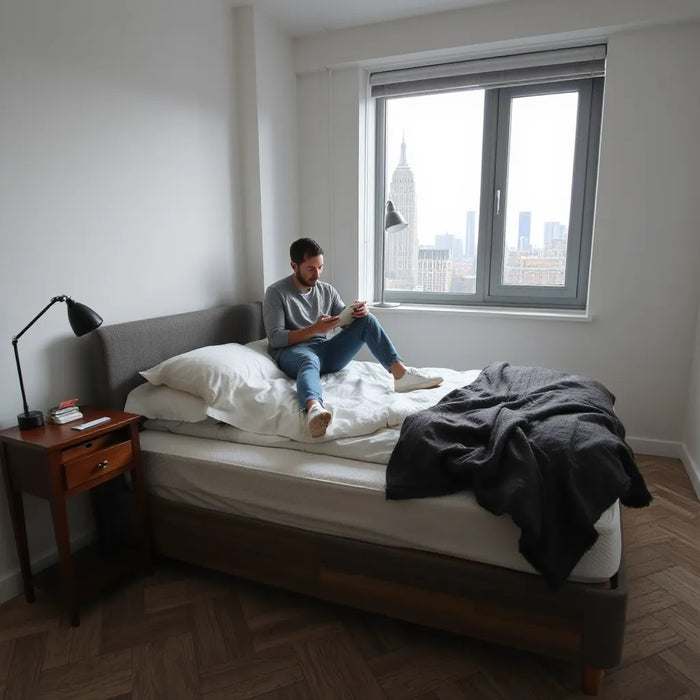 Person evaluating a new mattress on a neatly made bed in a bright NYC-style bedroom