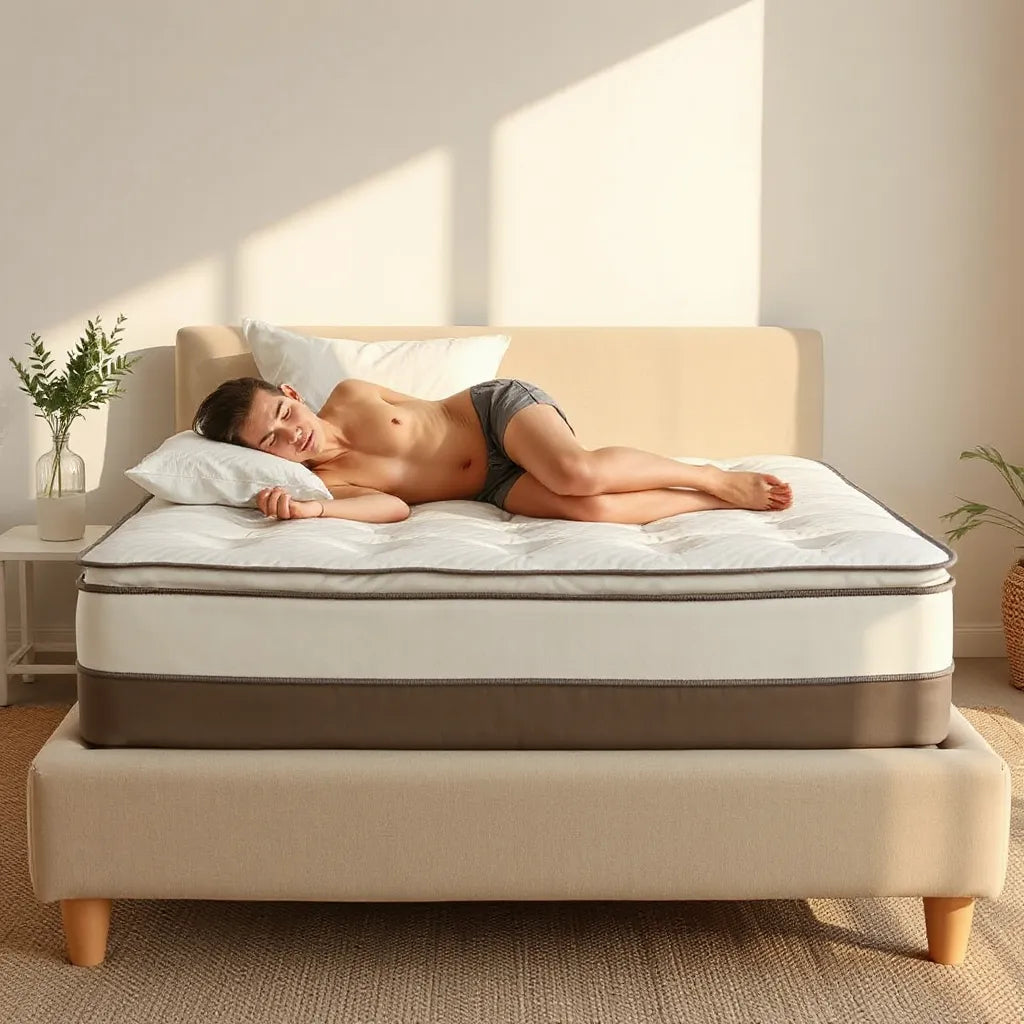 Side sleeper resting on a pressure-relief mattress with balanced support for shoulders and hips