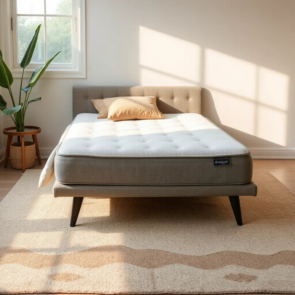 Neatly styled bed with a mattress and neutral bedding in warm natural light