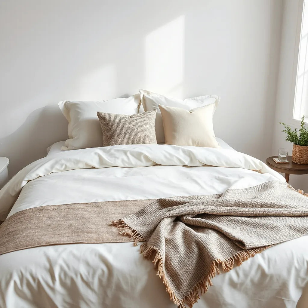 Elegantly made bed with layered premium sheets, plush pillows, and a neatly folded throw blanket