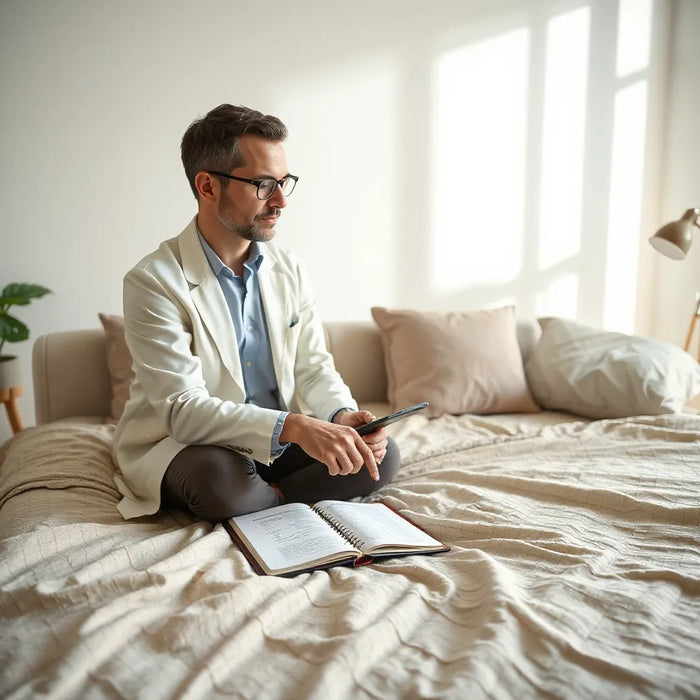 Sleep expert discussing a comfort plan with a client beside a neatly made bed