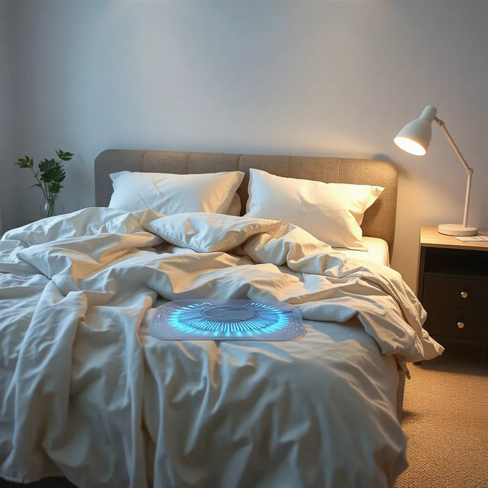 Neatly made bed with breathable bedding and subtle cooling airflow for comfortable, cooler sleep