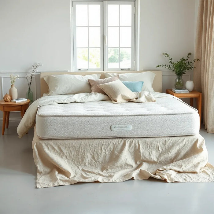 Neatly made bed with a breathable, natural-fabric organic-looking mattress in soft daylight