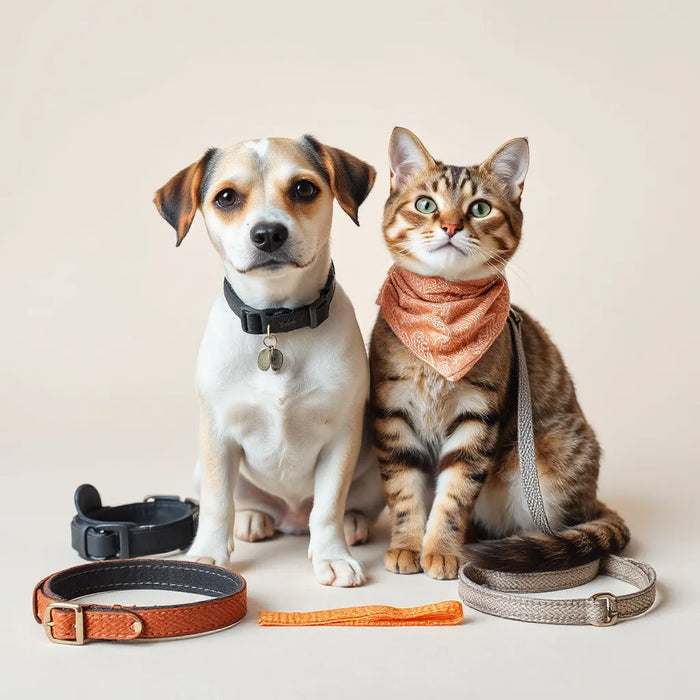 Small dog and cat beside adjustable collar, harness, bandana, and leash accessories on a neutral background