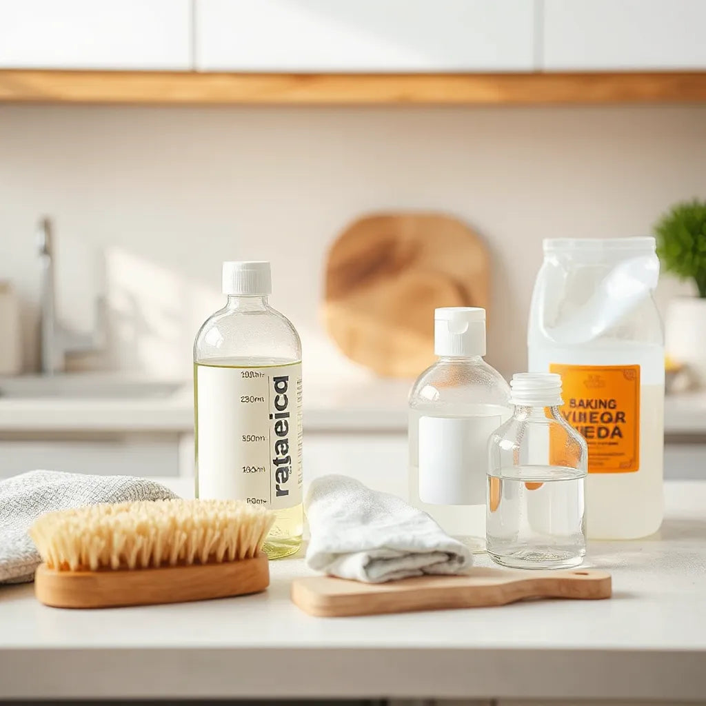 Natural cleaning essentials on a kitchen counter, including spray bottles, cloths, and scrub brush