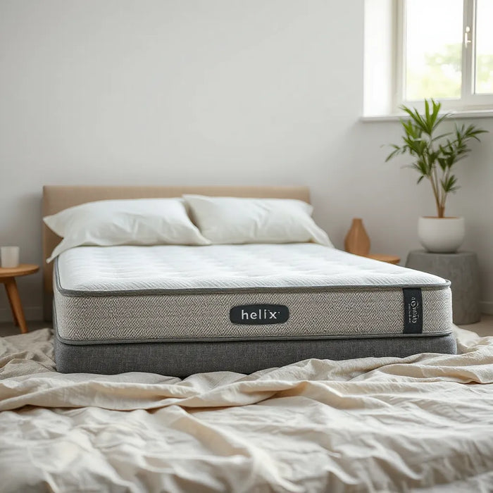 Modern mattress on a bed with neutral bedding and visible layered texture in soft natural light
