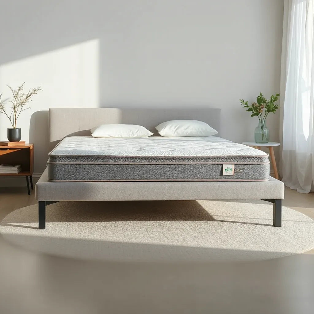 Neatly made modern bed with breathable cooling fabric texture under soft morning light
