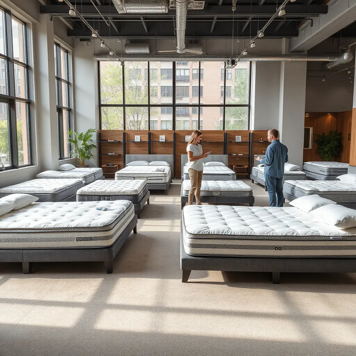 Bright NYC mattress showroom with display beds and a consultant helping a customer compare comfort options
