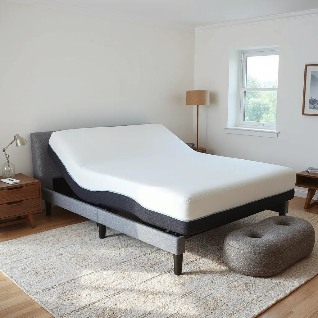 Adjustable bed set to a flat position using a one-touch control in a calm bedroom