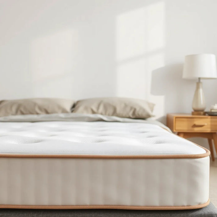 Neatly made bed with a modern memory foam mattress highlighting its contouring comfort