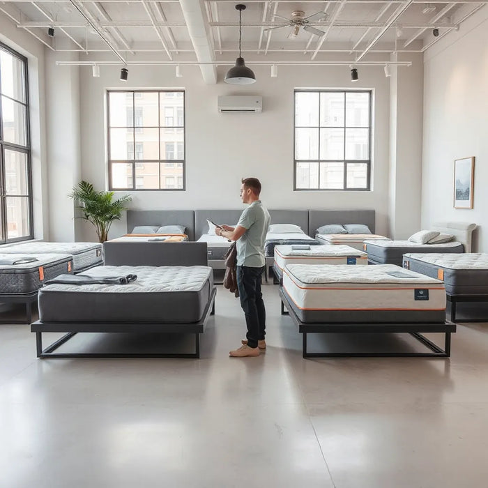 Customer comparing mattresses with a showroom attendant in a modern Midtown NYC store
