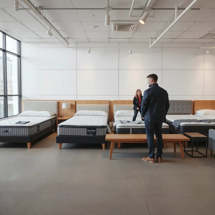 Well-lit Midtown mattress showroom with neatly arranged beds and a customer discussing options with a sales associate