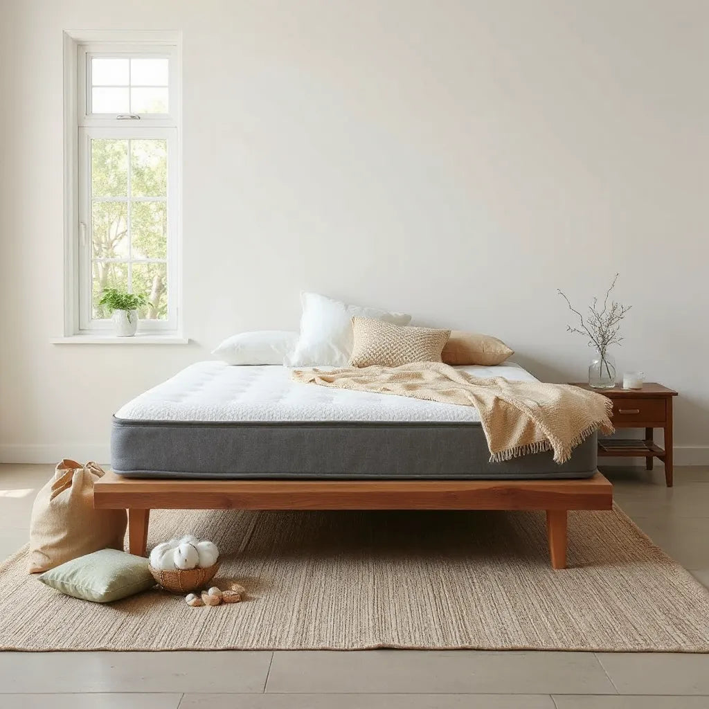 Sustainable mattress on a simple bed with natural bedding, soft daylight, and a small potted plant